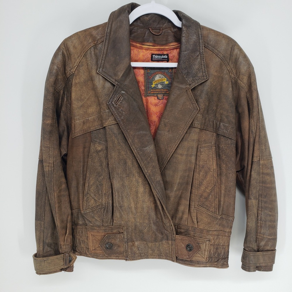 Vintage 90s Adventure Bound Distressed Leather Bomber Jacket Womens M Brown